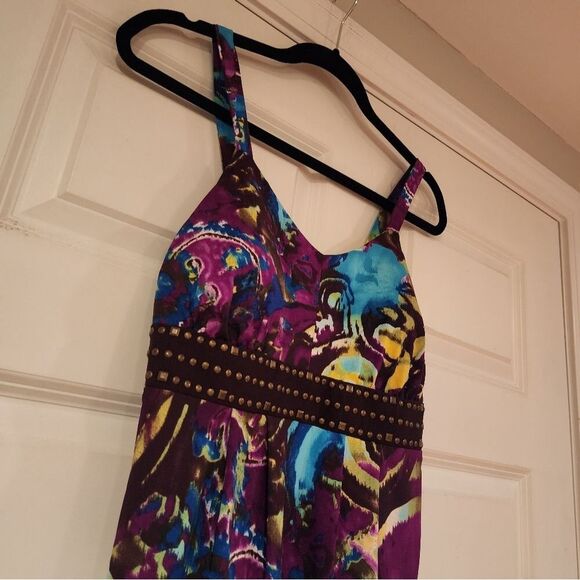 New Directions stretchy satin feel colorful sleeveless dress S - Picture 2 of 4